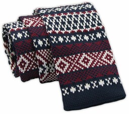 Krawat Dziergany Świąteczny Granatowo-Bordowy Męski Knit Wzór Norweski-