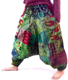Szarawary spodnie przewiewne patchwork zielone (wąska gumka)