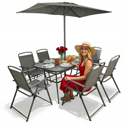Meble Ogrodowe zestaw Stół 6 Krzeseł Parasol 6