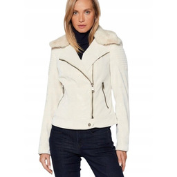 Guess Kurtka Ramoneska Zimowa Ecru z Futerkiem