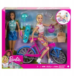 Barbie Zestaw 2 Lalki Piesek Akcesoria Rower Deskorolka