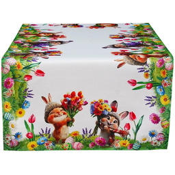 Bieżnik wielkanocny biało-zielony w zajączki pisanki i kwiaty