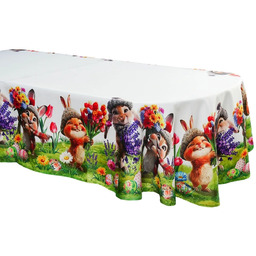 Obrus wielkanocny owalny biało-zielony w zajączki pisanki
