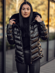 Czarna pikowana kurtka damska zimowa z kapturem Denley