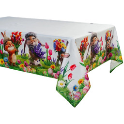 Obrus wielkanocny prostokątny biało-zielony w zajączki pisanki