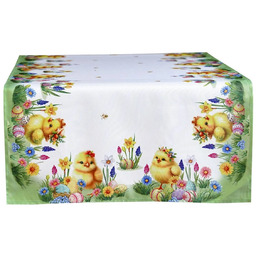 Bieżnik wielkanocny biało-zielony w kurczaczki pisanki i kwiaty