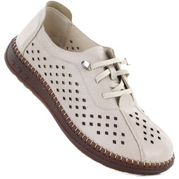 Skórzane półbuty damskie na gumki ażurowe beżowe Artiker