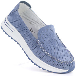 Skórzane mokasyny na grubej podeszwie ażurowe niebieskie Jezzi