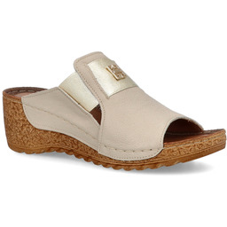 Skórzane klapki na koturnie - LEMAR 50109 BEŻOWE