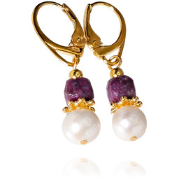 Prawdziwe Perły Rubin Wyjątkowe Kolczyki Złote Srebro