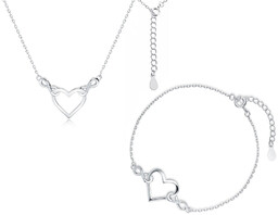 Delikatny rodowany srebrny komplet celebrytka serce nieskończoność infinity