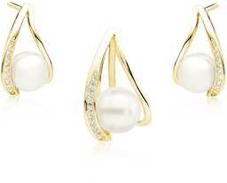 Elegancki pozłacany srebrny komplet z perłami i cyrkoniami