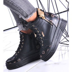 Wiązane czarno złote sneakersy na koturnie i platformie