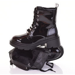 DAMSKIE BOTKI LAKIEROWANE WORKERY CZARNE TRAPERY BUTY