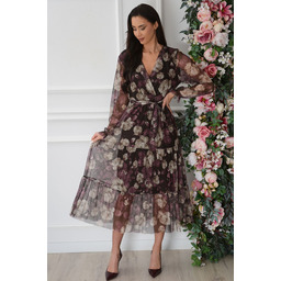 Sukienka midi z siateczki długi rękaw w róże