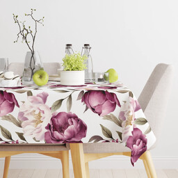 Obrus biały w fioletowe peonie kolekcja FLORI OMG-002