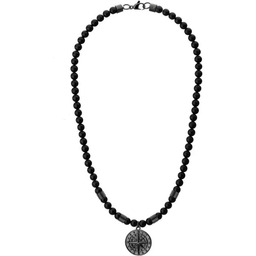 Czarny naszyjnik męski z kulek onyksu z kompasem