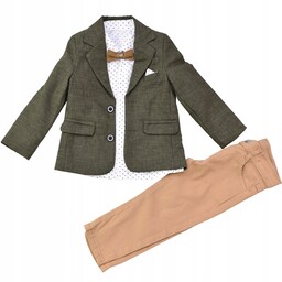 Garnitur Chłopięcy Marynarka Spodnie Koszula Mucha Beż Zieleń