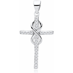 Rodowany srebrny krzyżyk krzyż nieskończoność infinity cyrkonia cyrkonie