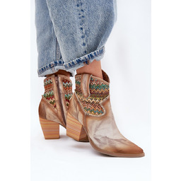 Skórzane Botki Kowbojki Na Słupku Z Ozdobną Plecionką