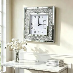 DMDFIRST Silver Square Mirror Clock 20x20inches Crystal Sparkle