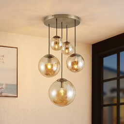 Lampa wisząca Lindby Teeja, bursztynowa, 5-punktowa, Ø50 cm,