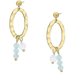 Niebieski akwamaryn i kamień księżycowy młotkowane złote kolczyki