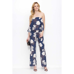 Granatowy Kombinezon w Kwiaty z Odkrytymi Ramionami Wzór