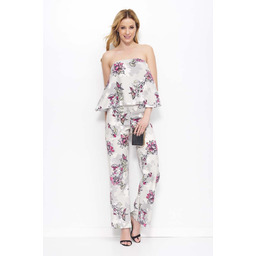 Beżowy Kombinezon w Kwiaty z Odkrytymi Ramionami Wzór