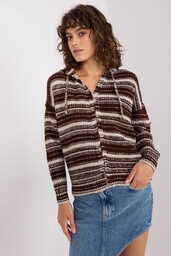 Brązowo-beżowy sweter damski rozpinany z kapturem