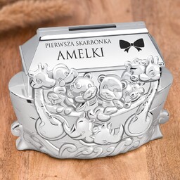 Skarbonka posrebrzana arka Noego z grawerem dla dziewczynki