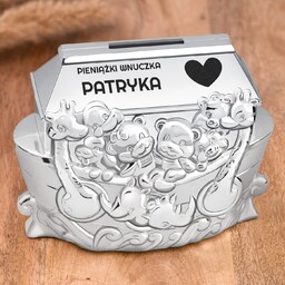 Skarbonka posrebrzana arka Noego z grawerem dla wnuczka