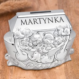 Skarbonka posrebrzana arka Noego z grawerem dla dziewczynki