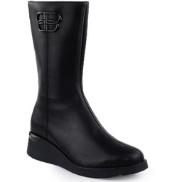 Skórzane kozaki krótkie na koturnie czarne T.Sokolski Z25-43