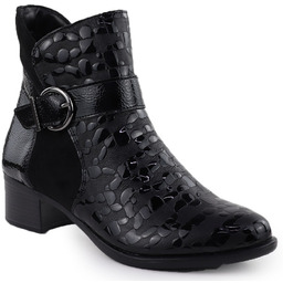 Skórzane botki damskie na obcasie lakierowane czarne Remonte