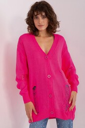 Fluo różowy długi sweter rozpinany z dziurami