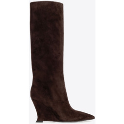 Damskie kozaki ze skóry naturalnej zamszowej na koturnie