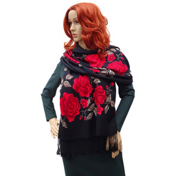 Szalik damski szal z frędzlami w róże brązowe