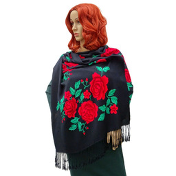 Szalik damski szal z frędzlami w róże zielone