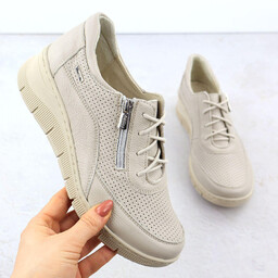 Skórzane półbuty damskie na koturnie perforowane ekri Helios