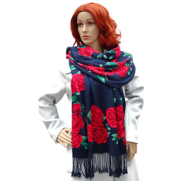 Szalik damski szal z frędzlami w róże zielone