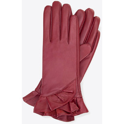 Damskie rękawiczki skórzane z dekoracyjną falbaną bordowe