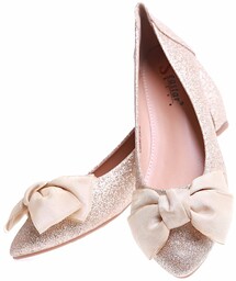 Złote balerinki damskie z kokardą