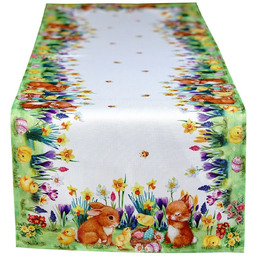 Bieżnik wielkanocny biały w zajączki, pisanki, kwiaty OSWA011-1