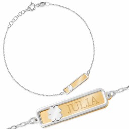 Srebrna Bransoletka Złocona 925 Koniczynka Tabliczka ID Grawer