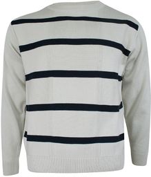 Sweter Beżowo-Granatowy w Paski, Prążki, Okrągły Dekolt (U-neck),