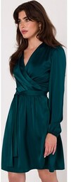 Rozkloszowana sukienka satynowa w kolorze butelkowej zieleni K175,