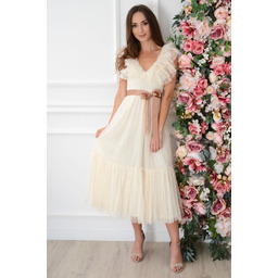 Sukienka midi tiulowa z falban dekolt V jasny