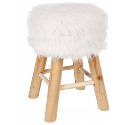 Taboret Okrągły Z Poliestru Futrzane Siedzisko Drewno Sosnowe