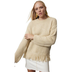 TRENDYOL SWETER DAMSKI BEŻOWY Z FRĘDZLAMI O LUŹNYM